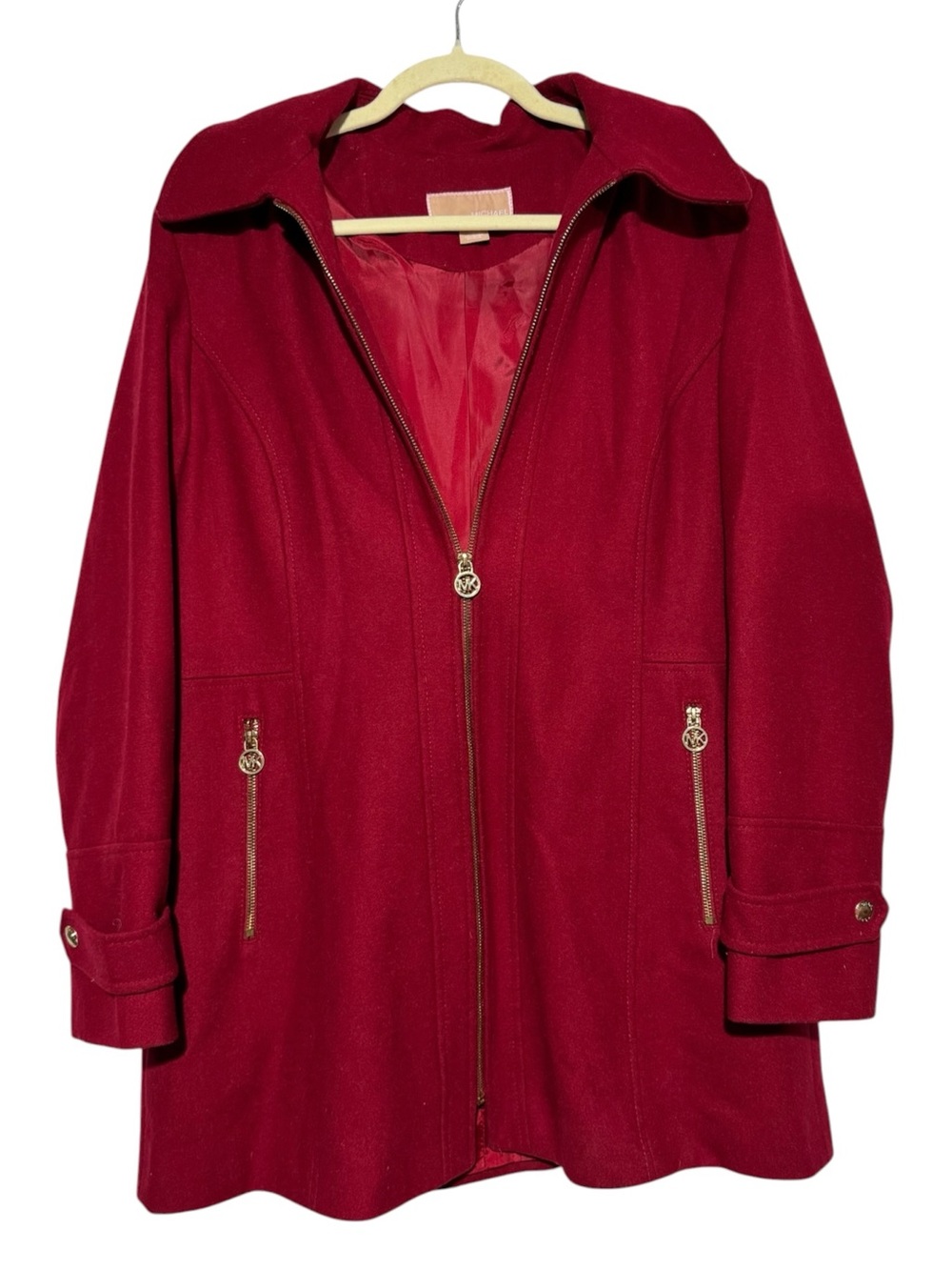 Michael Kors Red Wool Coat Women Size XL Hooded Winter Classic Gold Chic